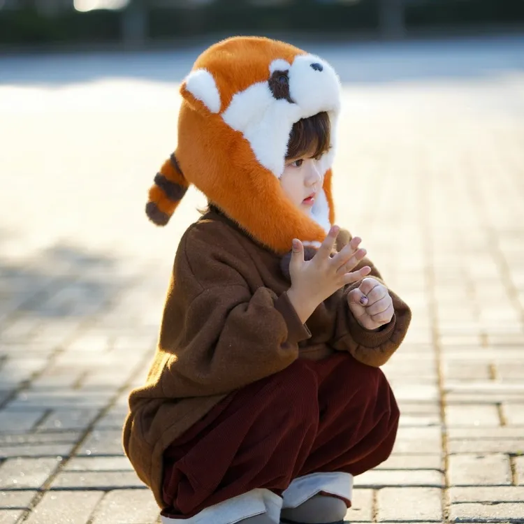 小浣熊帽子耳朵会动宝宝帽子可爱浣熊冬季加绒加厚保暖防风护耳冬