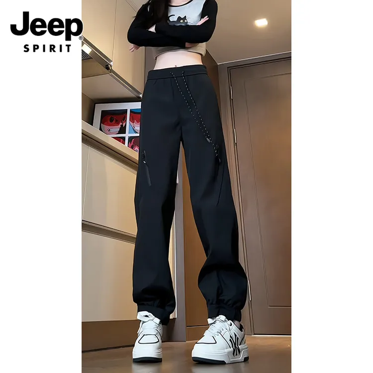 JEEPSPIRIT直筒冲锋裤女装春夏季黑色显瘦休闲裤设计感小众长裤子
