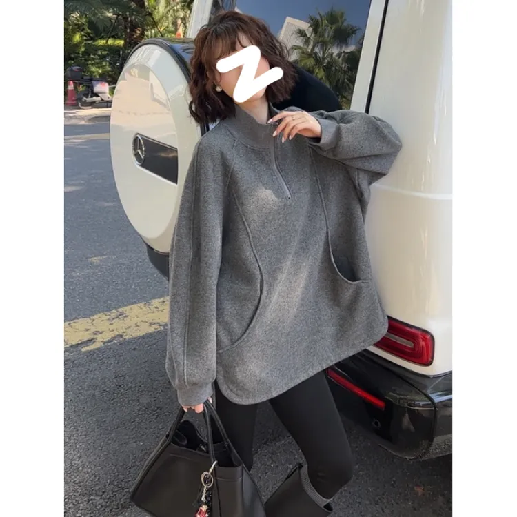 美式半拉链加绒卫衣2025秋大码胖MM洋气时尚新款宽松慵懒上衣女