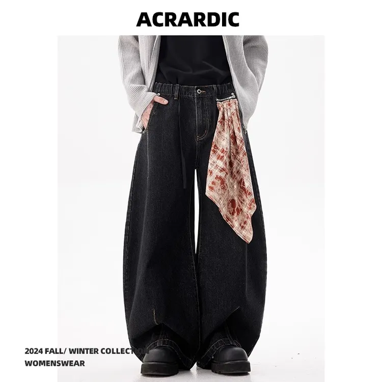 ACRARDIC优雅弯刀裤美式可拆卸方巾牛仔裤男女痞帅cleanfit阔腿裤