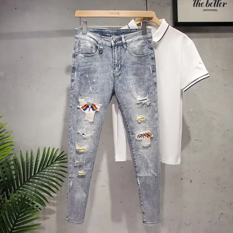 2024夏季薄款高街潮牌破洞男牛仔裤子男修身小脚百搭九分裤韩版