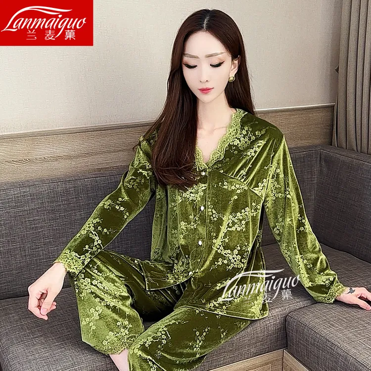 兰麦菓金丝绒睡衣女2025春秋季新款V领两件套中国风家居服可外穿