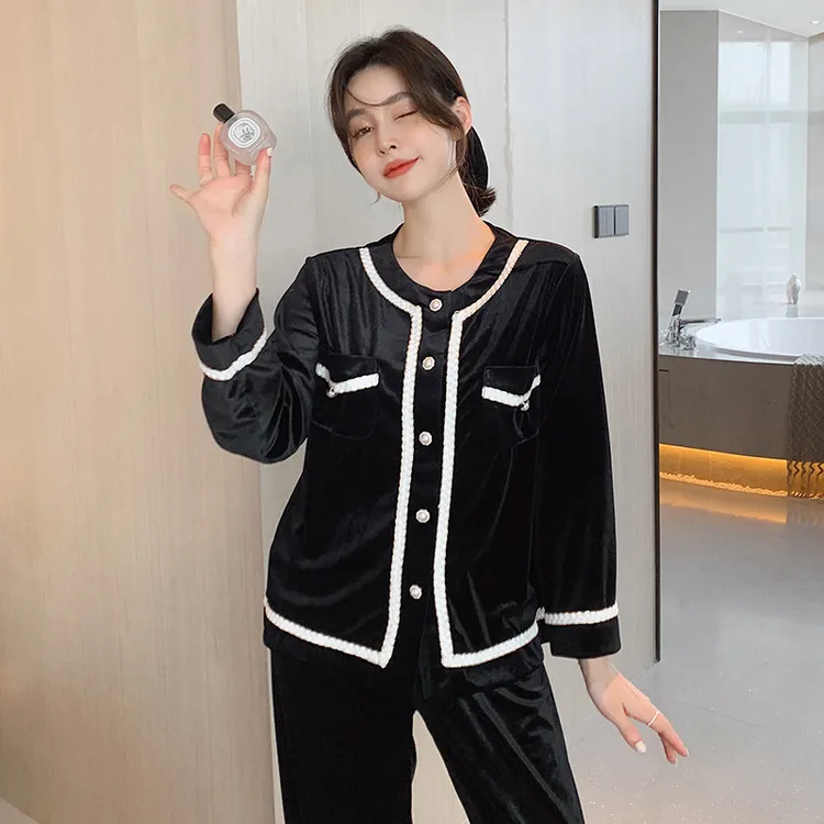 兰麦菓【金钻绒】秋冬季小香风睡衣女套装韩版长袖轻奢家居服可外穿