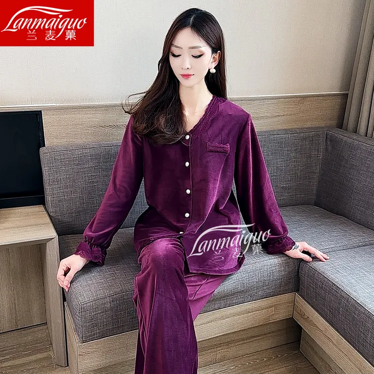 兰麦菓【双面海岛绒】秋冬季加绒睡衣女套装2025新款V领保暖家居服