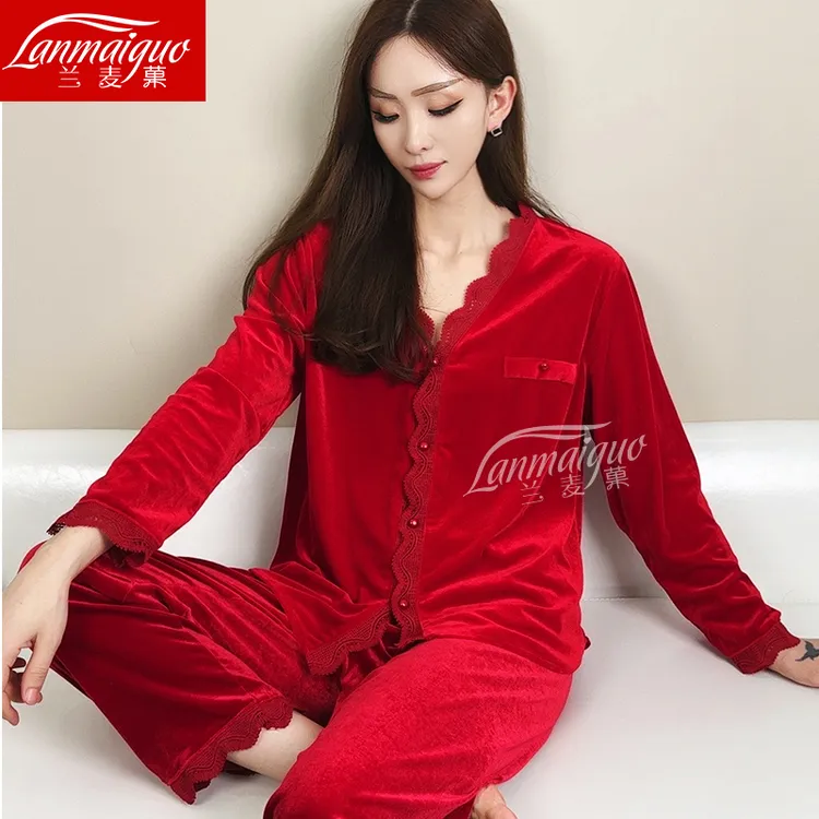 兰麦菓2025新年红金丝绒睡衣女士春秋季新款家居服两件套可外出穿