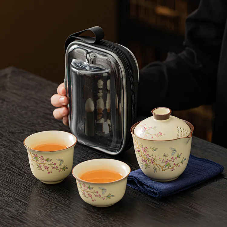 旅行手抓壶紫藤花茶壶茶具套装快客杯泡茶便携随身一壶二杯陶瓷