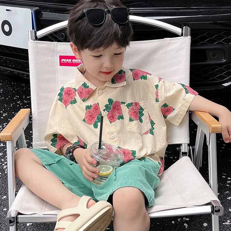 男童衬衣夏装小童短袖痞帅玫瑰花夏季2024港风男孩海边度假儿童潮
