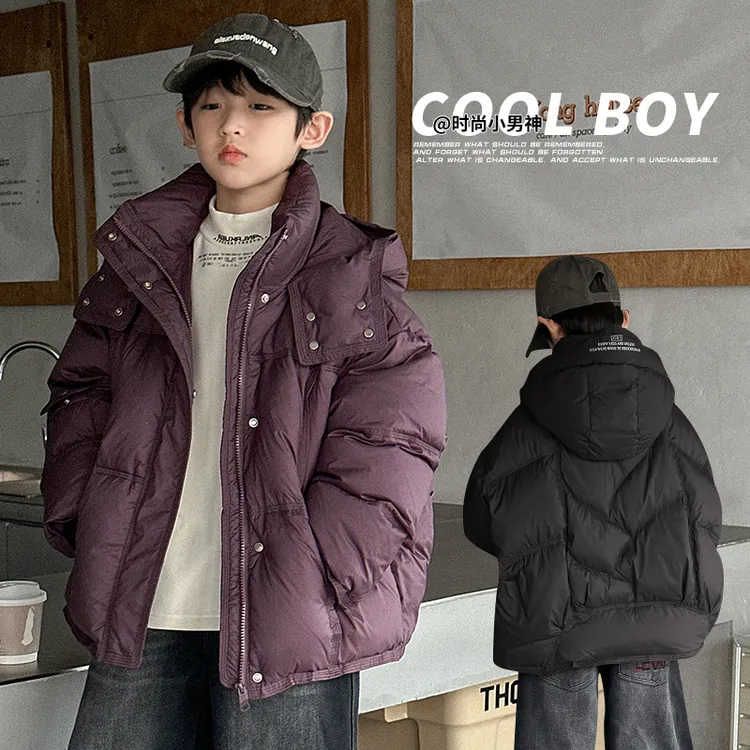 8儿童冬季纯色羽绒外套连帽面包服御寒中大童高品质街舞潮牌洋气