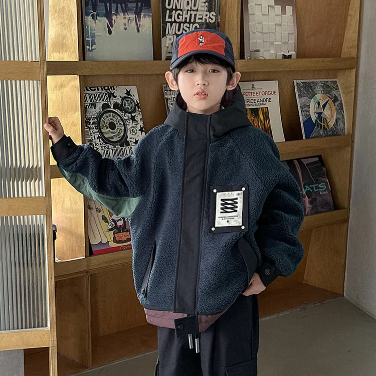 儿童冬季羊羔绒外套连帽毛毛衣拼色保暖中大童高品质街舞潮牌洋气