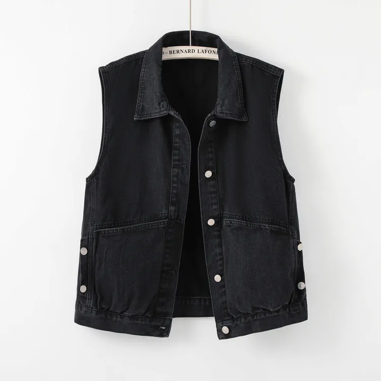 黑色大码牛仔马甲女短款春秋季宽松遮肚显瘦口袋无袖背心坎肩外套