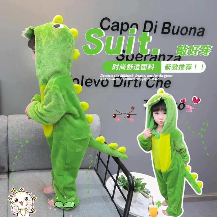 女童绿色柔软法兰绒小恐龙睡衣连体衣儿童加厚保暖家居服秋冬新款