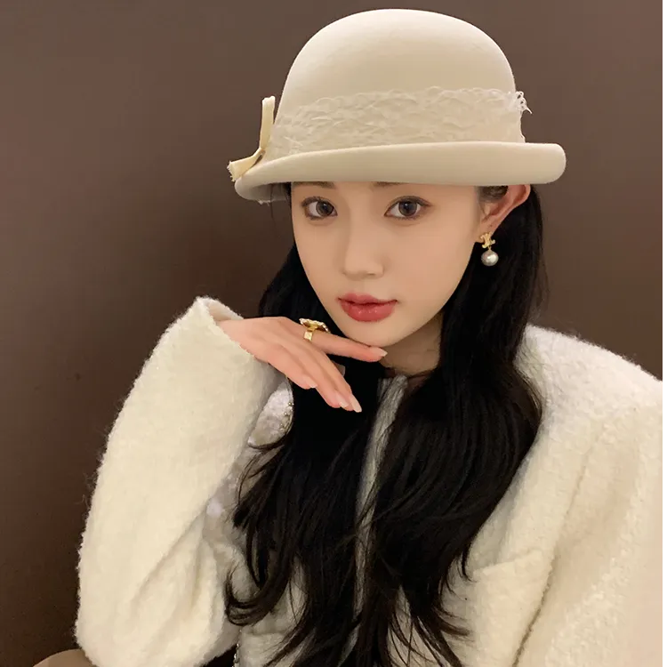 侧面cm帽子秋冬蕾丝羊毛贝雷帽女高端法式千金小礼帽赫本复古盆帽