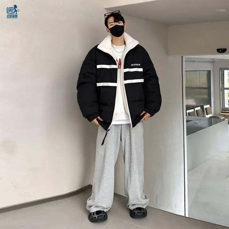 大学生潮流时尚羽绒服男士宽松休闲双面穿外套青少年立领开衫上衣