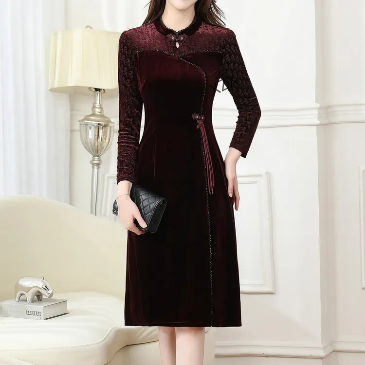 素云阁妈妈装婚礼连衣裙气质高档金丝绒喜婆婆中长款裙婚宴长袖裙