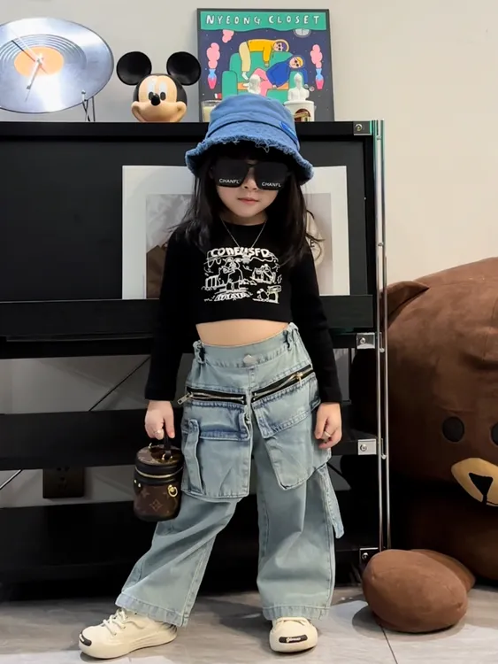 童裤2024夏款女童设计款牛仔裤直筒立体袋裤子女宝阔腿裤长裤宽松