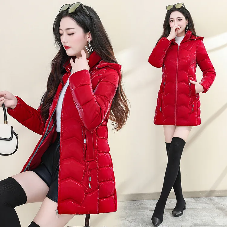 珠光亮面免洗棉服女中长款修身显瘦女士棉袄冬季保暖大码棉衣外套