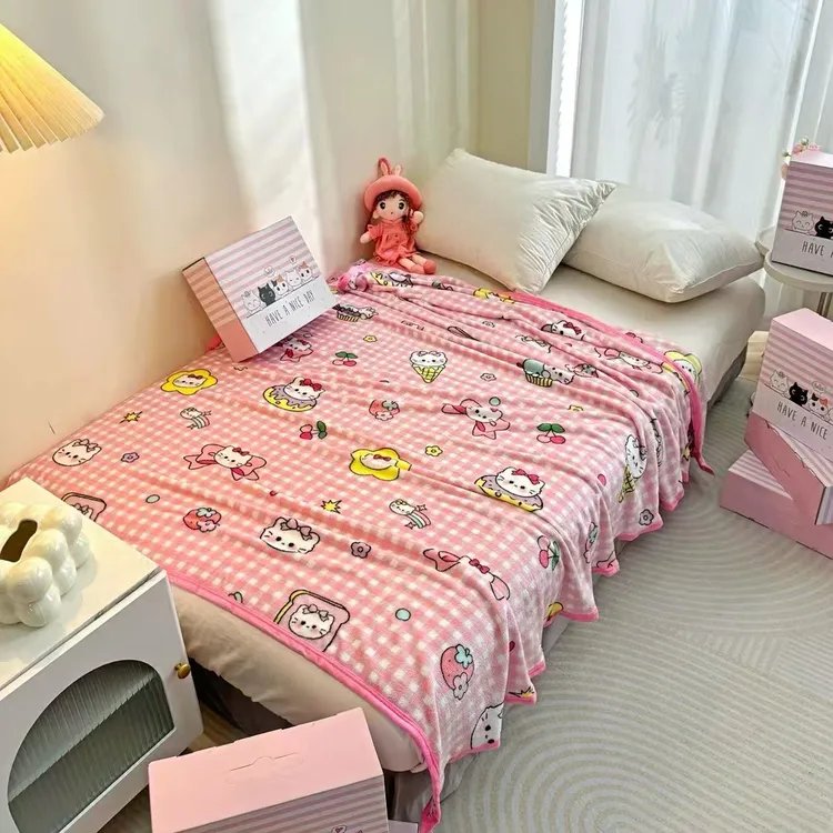 卡通KT猫法兰绒休闲毛毯午休毯沙发毯子露营毯子柔软多功能毯机洗