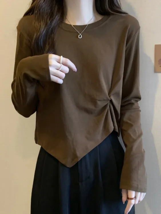 大码女装正肩设计感长袖T恤打底衫春秋胖妹妹显瘦不规则百搭上衣