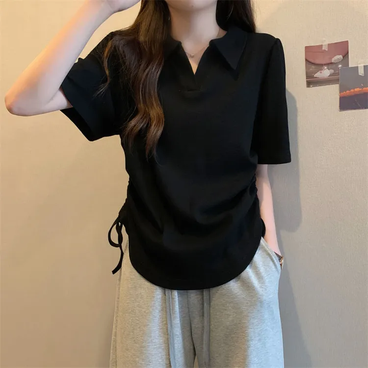 棉大码Polo衫翻领短袖t恤女夏季新款胖mm显瘦辣妹宽松抽绳上衣ins