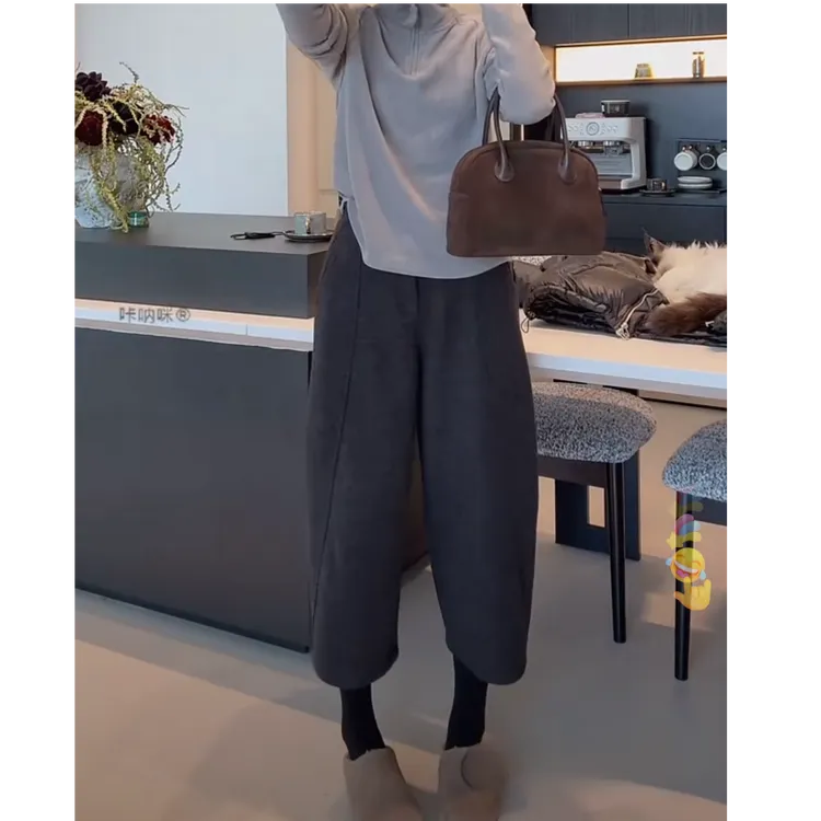 加厚加绒毛呢高腰萝卜裤女秋冬2024新款小个子八分奶奶裤休闲裤