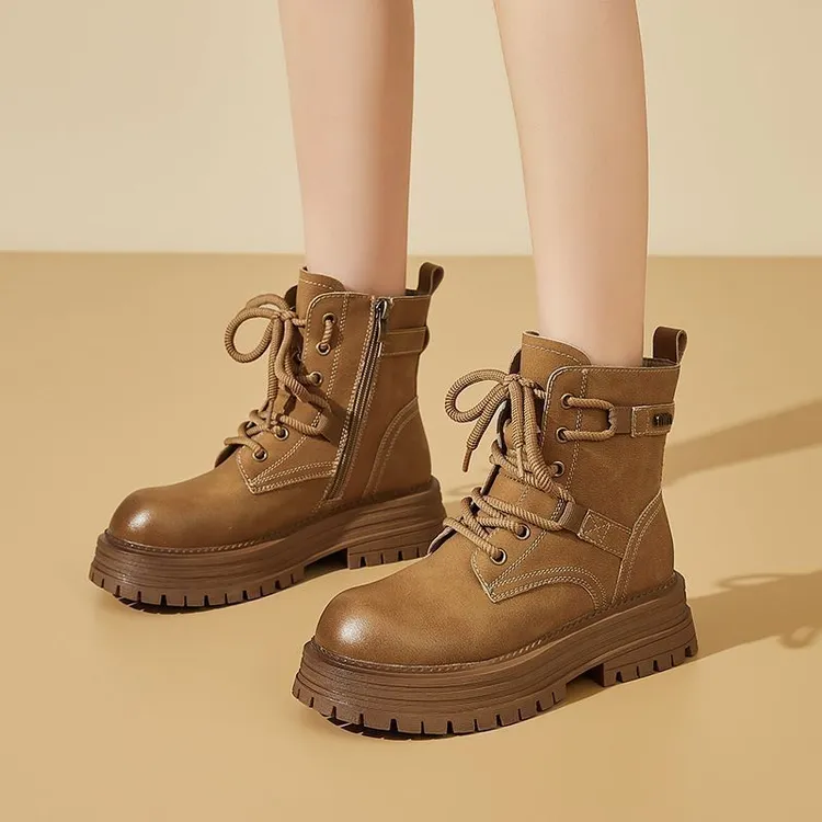 英伦风复古马丁靴女百搭圆头增高短靴