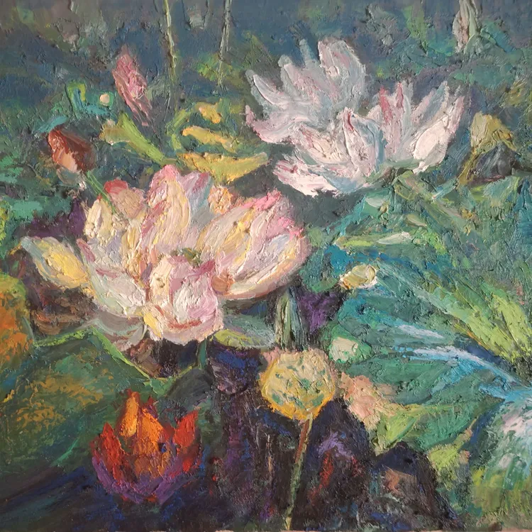 手绘原创油画。名称《荷花系列1》。布面材质。适用于家居和收藏。