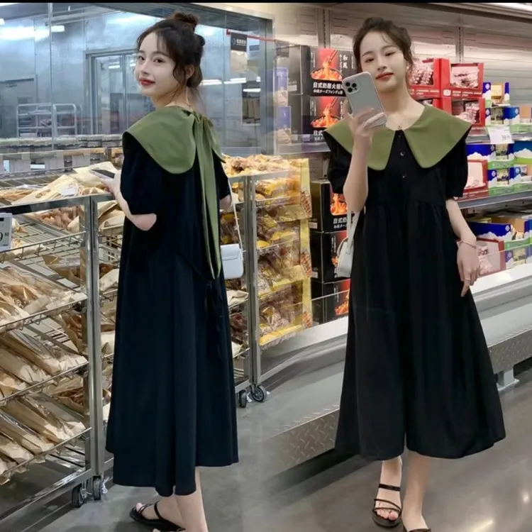 夏季新款微胖mm遮肚子显瘦韩版宽松减龄蝴蝶结娃娃领短袖连衣裙女