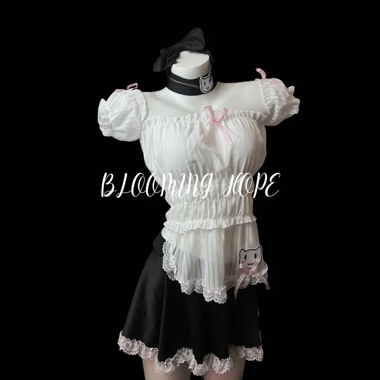 BLOOMINGHOPE甜妹装性感女装纯欲连衣裙短款lolita蕾丝泡泡袖