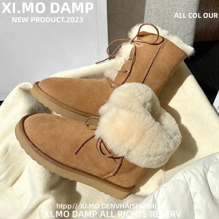 系带两穿雪地靴女2024秋冬新款皮毛一体中筒加绒加厚棉鞋保暖时尚