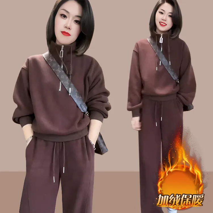 加绒卫衣休闲裤套装女2025秋冬季新款宽松立领半拉链上衣两件套