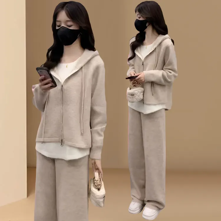 休闲运动套装女2025春秋新款时尚假两件针织连帽卫衣阔腿裤两件套