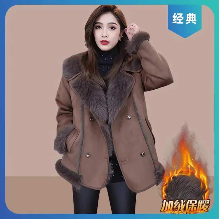 时尚设计感加绒显瘦翻领2025冬季新款中长款女皮毛一体复合外套