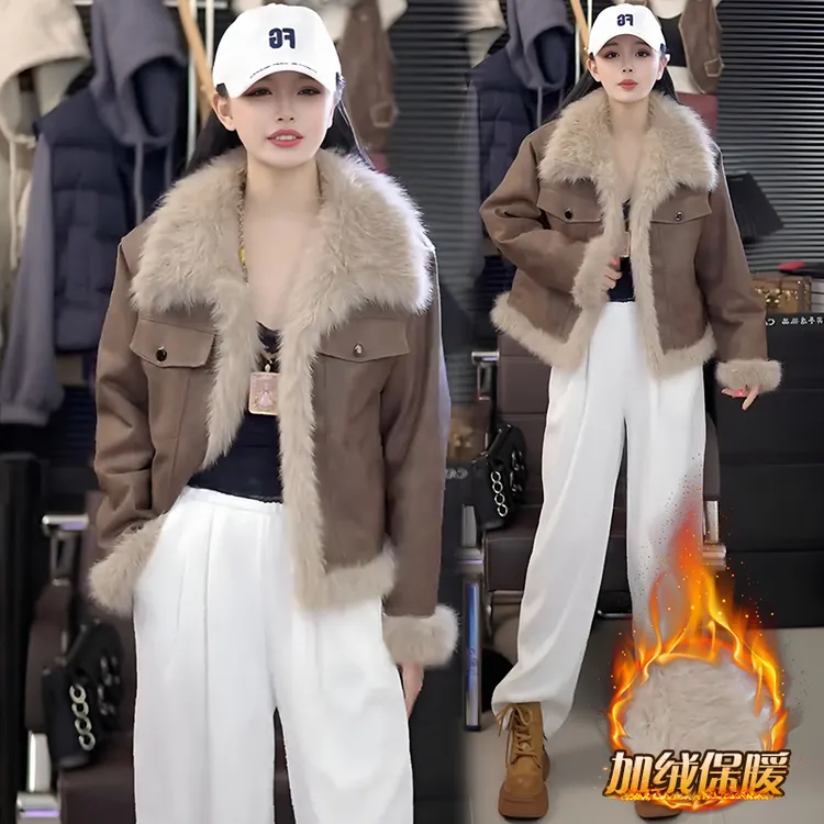 2025新款美拉德复古韩系外套女秋冬加绒加厚短款拼接毛毛上衣大衣