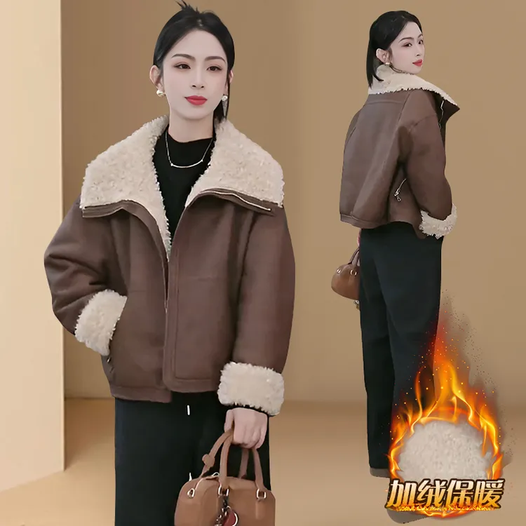 冬季新款妈妈装皮毛一体毛毛外套女减龄气质显瘦翻领加绒保暖上衣