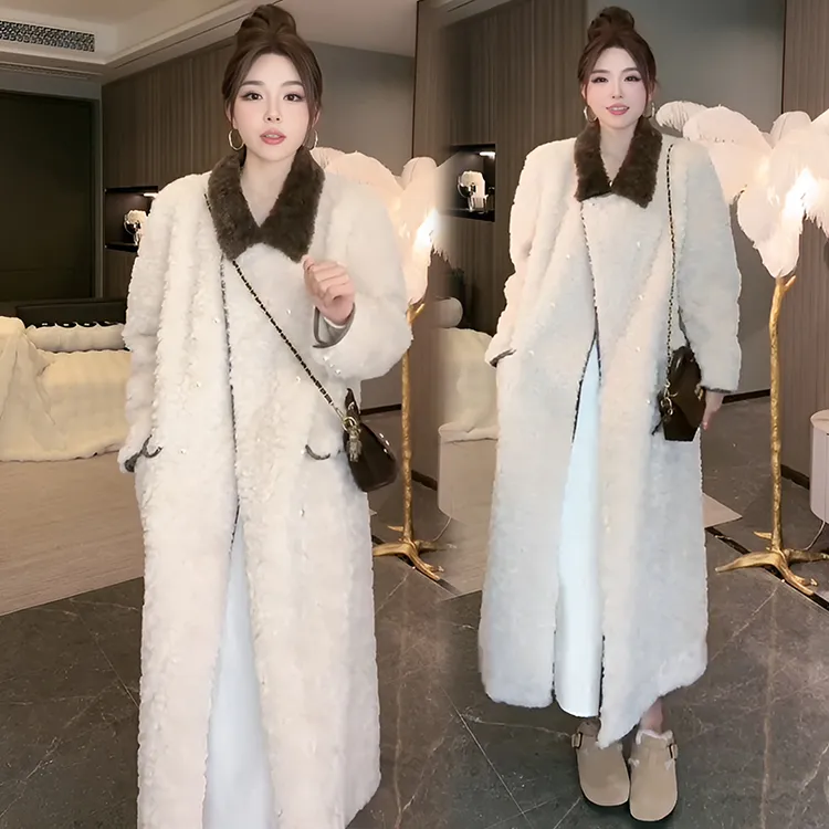 2025秋冬新款时尚翻领气质撞色毛毛外套女装加厚保暖中长款大衣