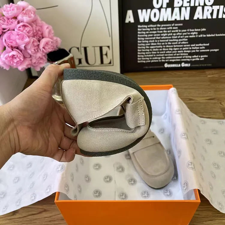 休闲百搭女鞋单鞋牛皮踩跟平底軟面軟底百搭增高乐福鞋橡胶底耐磨