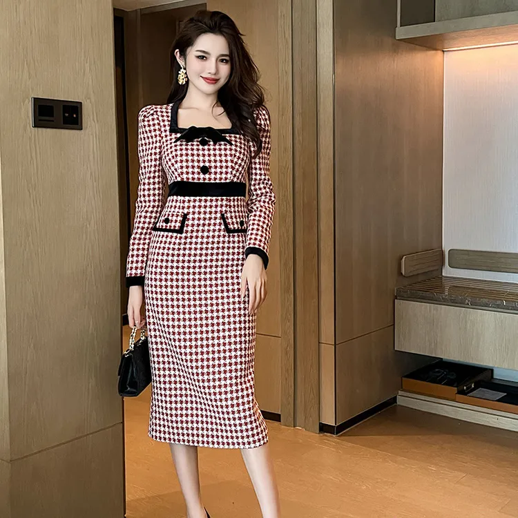 2025秋冬新款女装/气质名媛格子长袖收腰修身显瘦包臀连衣裙50683