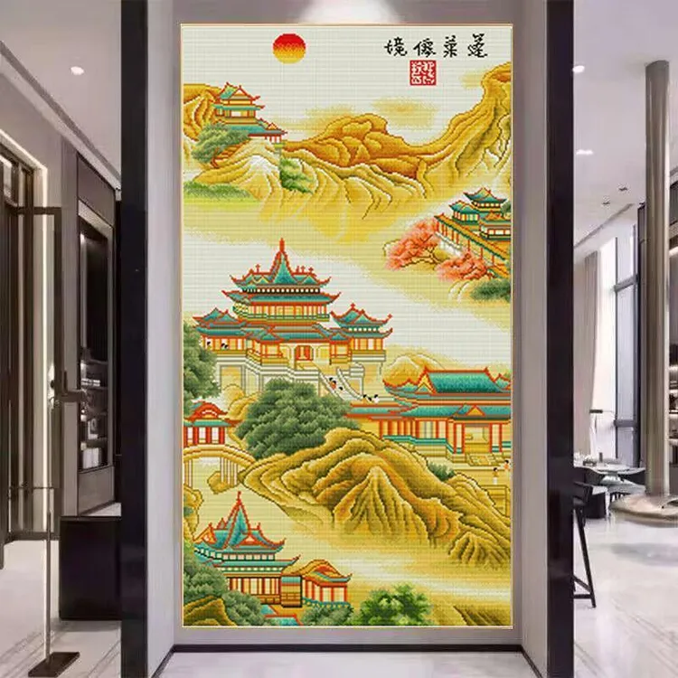蓬莱仙境十字绣2023新款线客厅小件玄关竖版古典风景名画手工刺绣