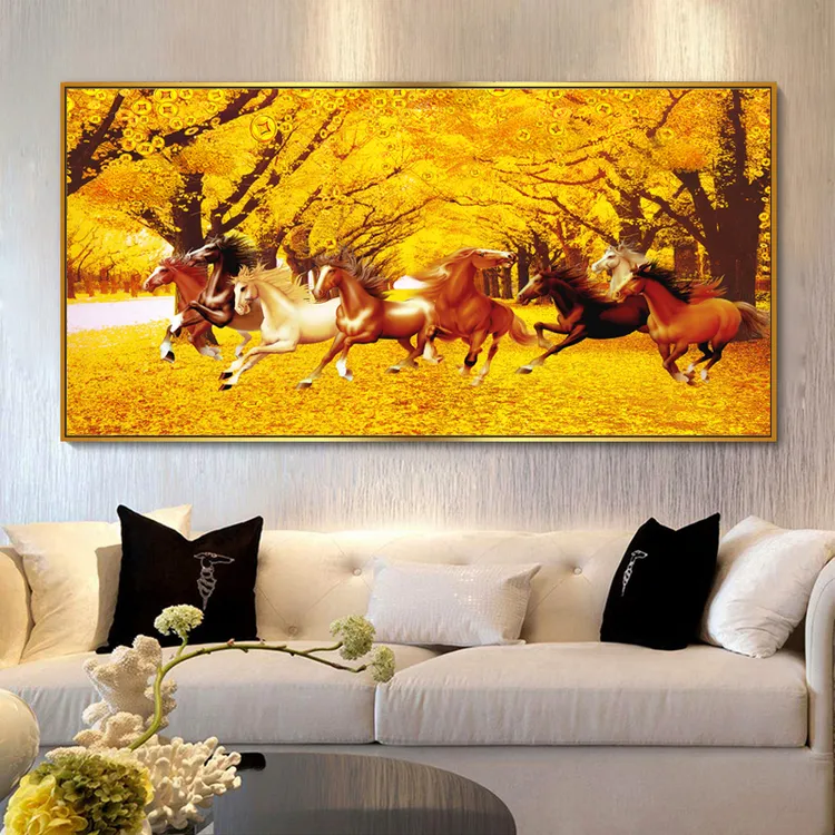 黄金满地十字绣马到成功八骏图2023新款线绣客厅大幅满绣风景手工