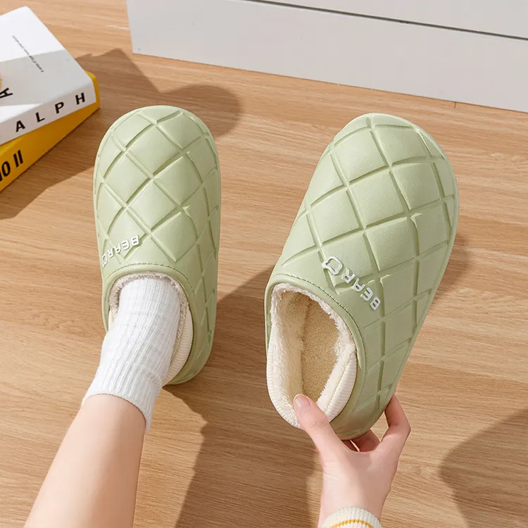 2024冬季棉拖鞋女居家室内加绒菱形包跟防水防滑厚底保暖棉鞋批发