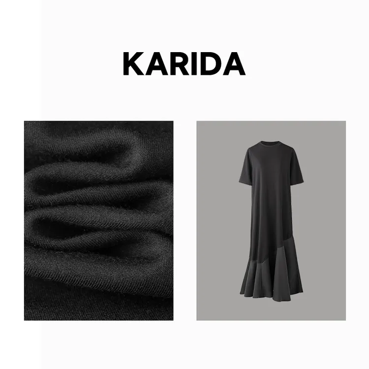 Karida珂芮达【萤雪】拼接不规则裙摆短袖连衣裙宽松连衣裙