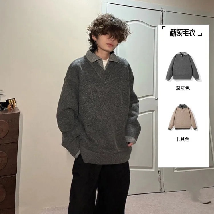 假两件翻领毛衣男女同款冬季深灰色长袖百搭情侣宽松复古休闲加厚