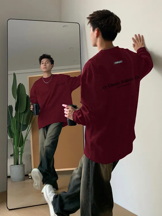 【重磅纯棉】秋冬新款红色宽松潮流圆领百搭大码韩版国潮男长袖T恤