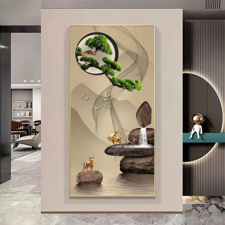 腾景空间【福鹿有鱼石来运转】2025走廊过道入户玄关画晶瓷画装饰画
