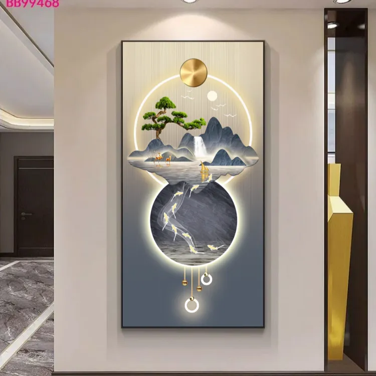 腾景空间【福字九鱼】新中式福字九鱼图入户玄关画晶瓷画镶钻画装饰