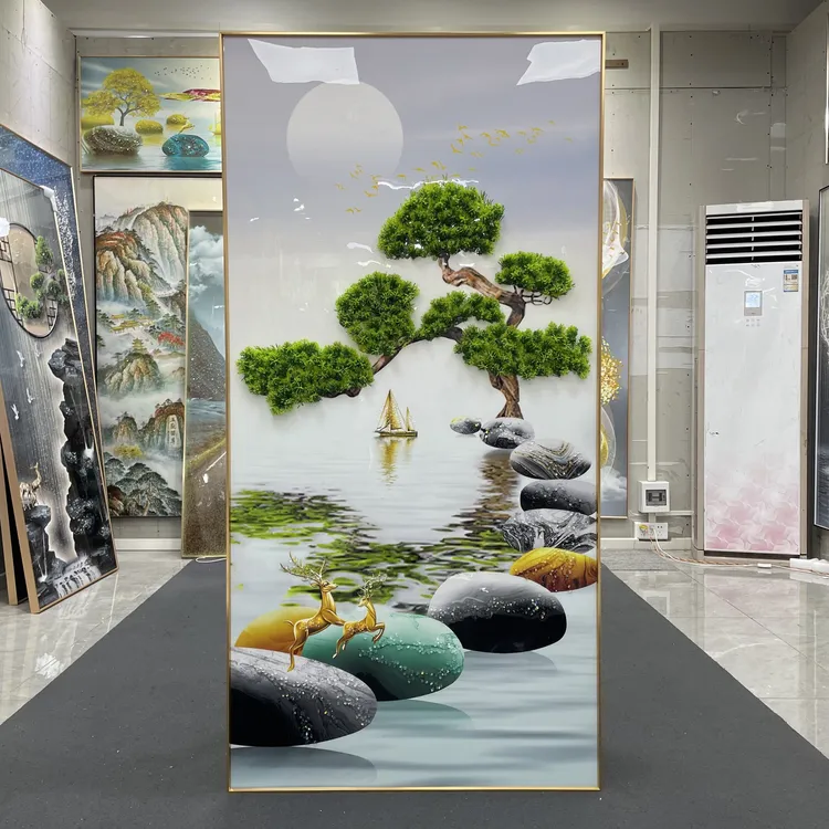 腾景空间【升级版仿真迎客松】新中式茶室办公室入户玄关晶瓷画镶钻