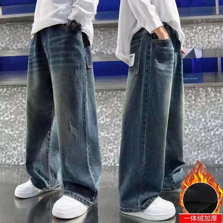 儿童冬季加绒牛仔裤2026新中大童帅气直筒男童洋气宽松百搭牛仔裤