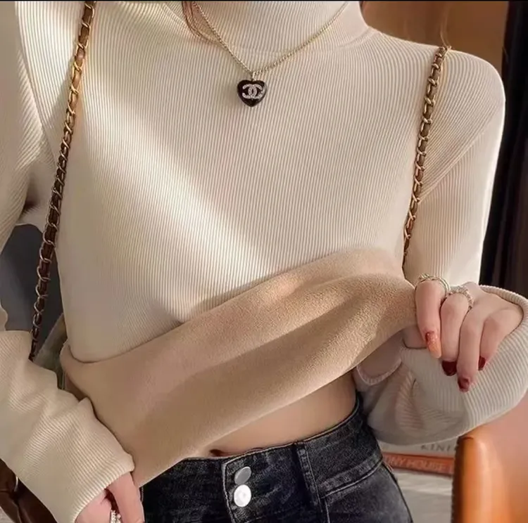 （加绒加厚）打底衫2025新款半高领纯色女装冬季简长袖高弹T血上衣