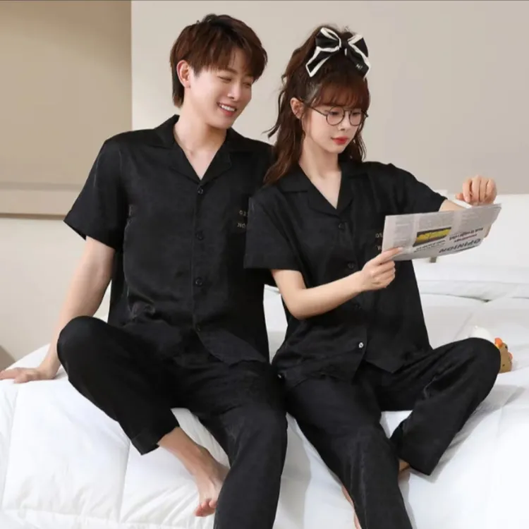 （803#）夏季新款冰雪丝舒适爱心豹纹提花薄款情侣睡衣家居服套装