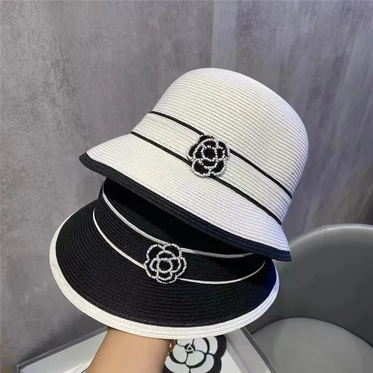 法式优雅山茶花草帽黑白拼色个性百搭盆帽显脸小女士遮阳帽太阳帽